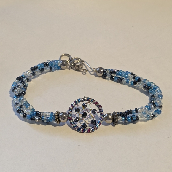 Handmade Multistrand Blue and Silvertone Beaded Bracelet - Picture 3 of 3